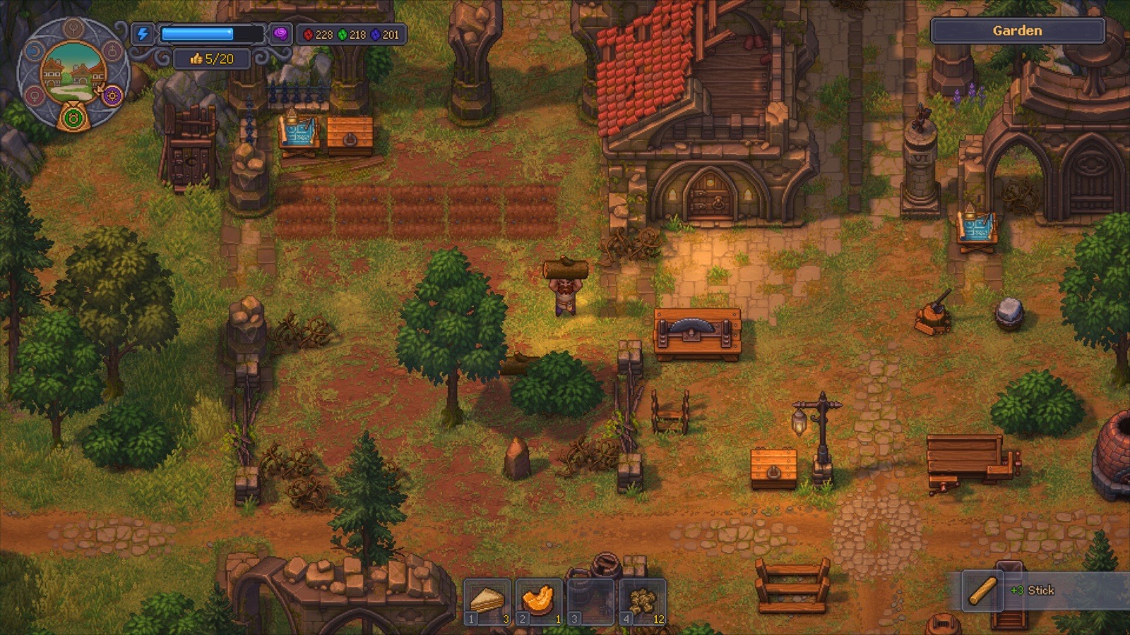 The Keeper carries a log through the Garden area