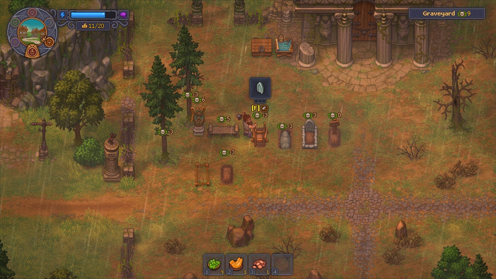 Graves show floating skull scores in the Graveyard