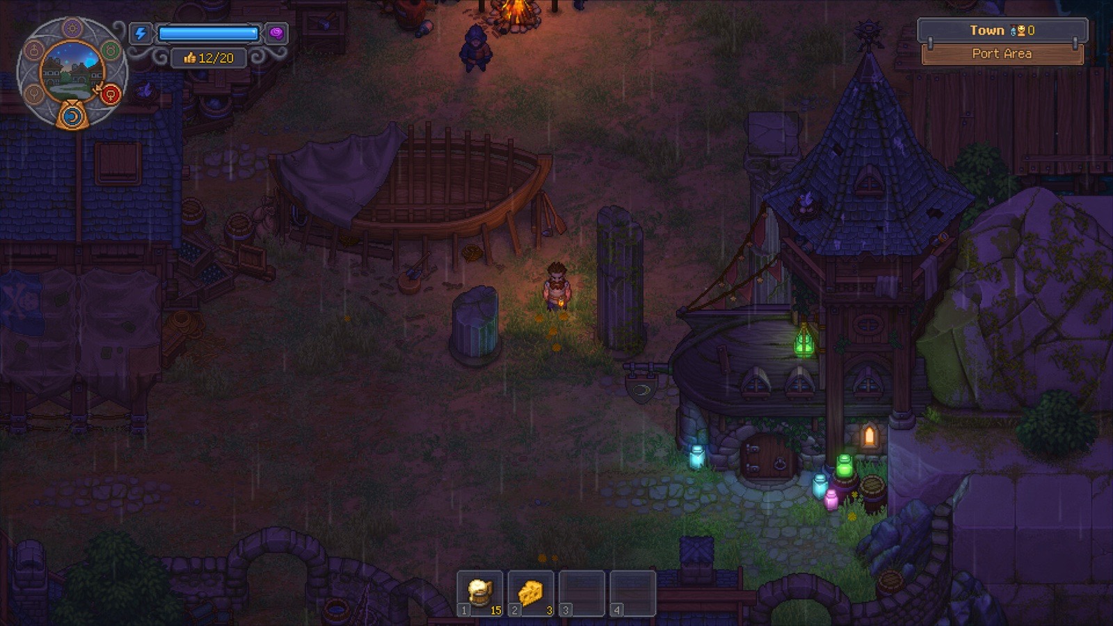 The Town's Port Area at night, lantern-lit and open for business