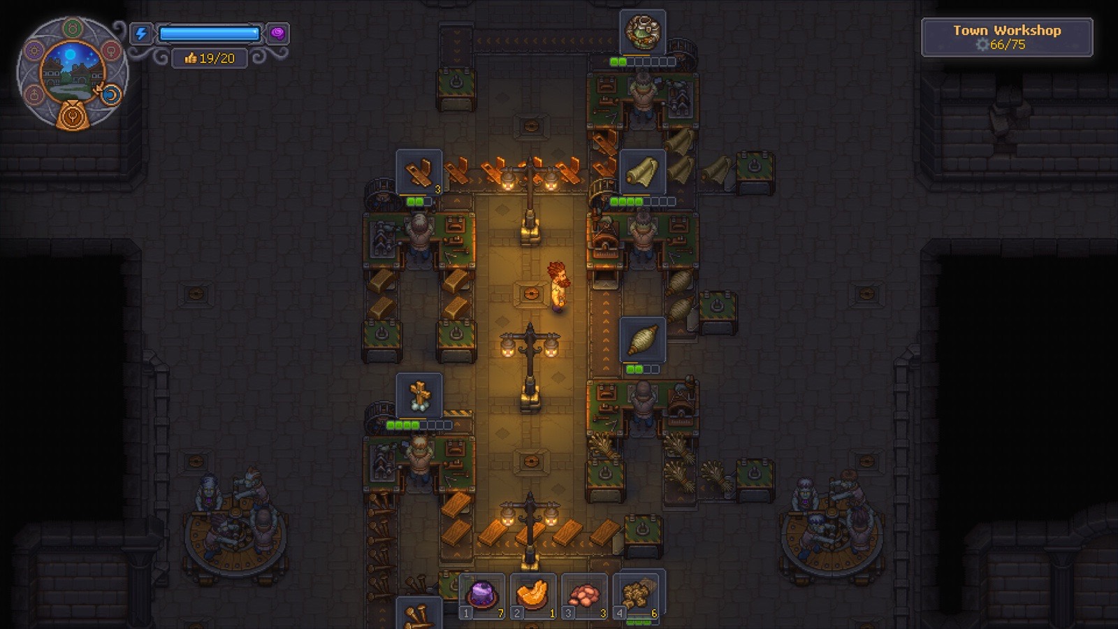 Zombie workers at their stations inside the Town Workshop
